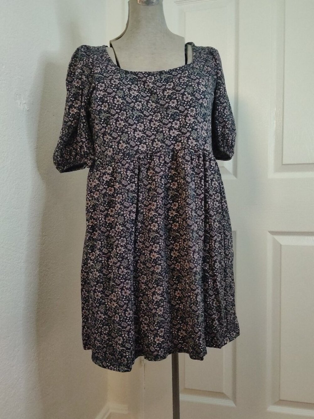 Boden 10P French Navy Floret Bloom Pocket Square Neck Babydoll Dress